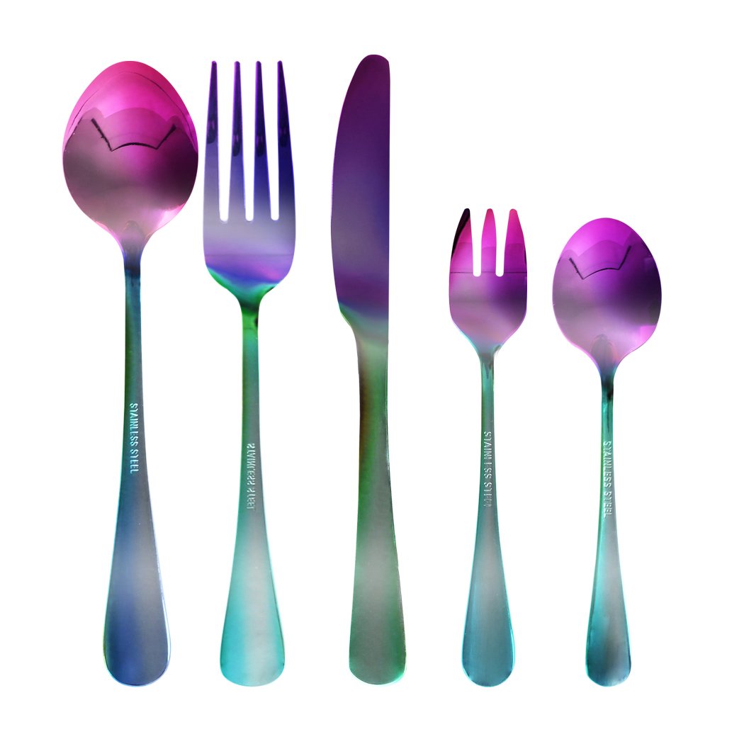 Kitchen Supplies Stainless Steel Cutlery Set Glossy Knife Fork Spoon Teaspoon Child Rainbow 30pcs