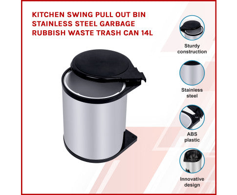 Stainless Steel Garbage Rubbish Waste Trash Can 14L