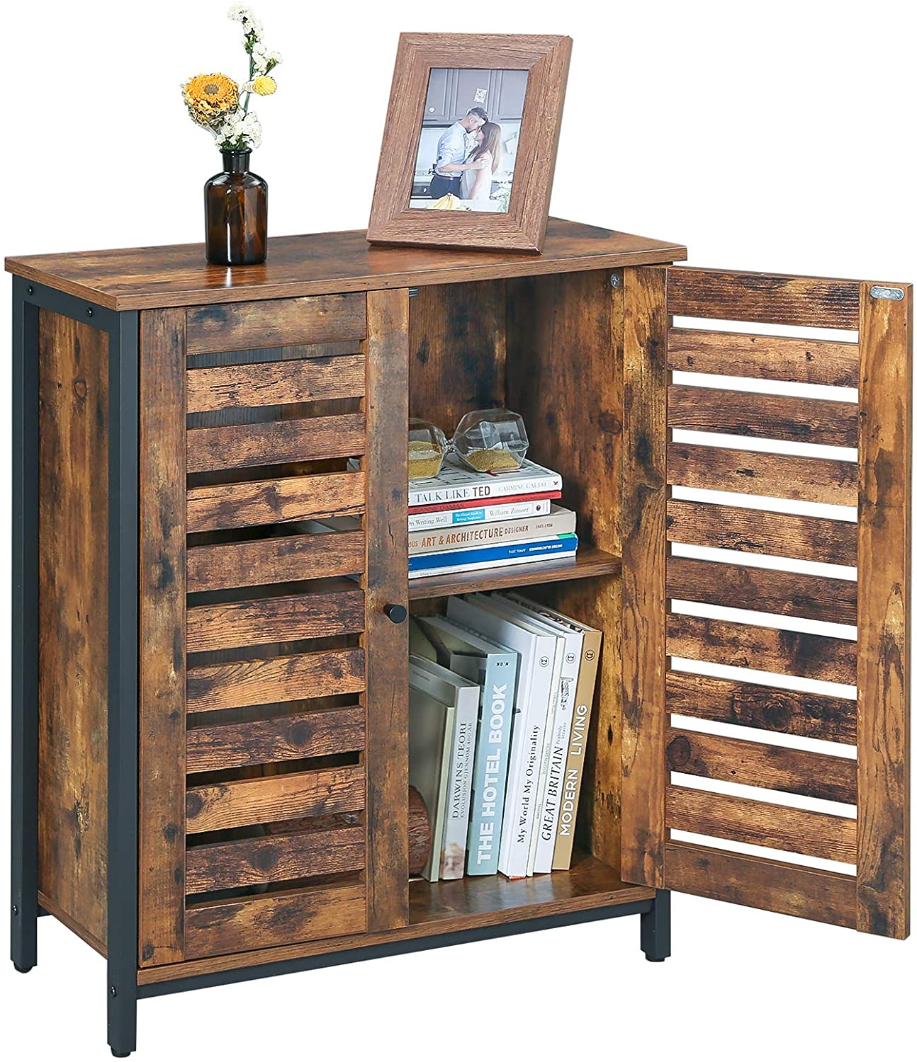 Standing Cabinet Sideboard With Louvred Doors Industrial Design Rustic Brown