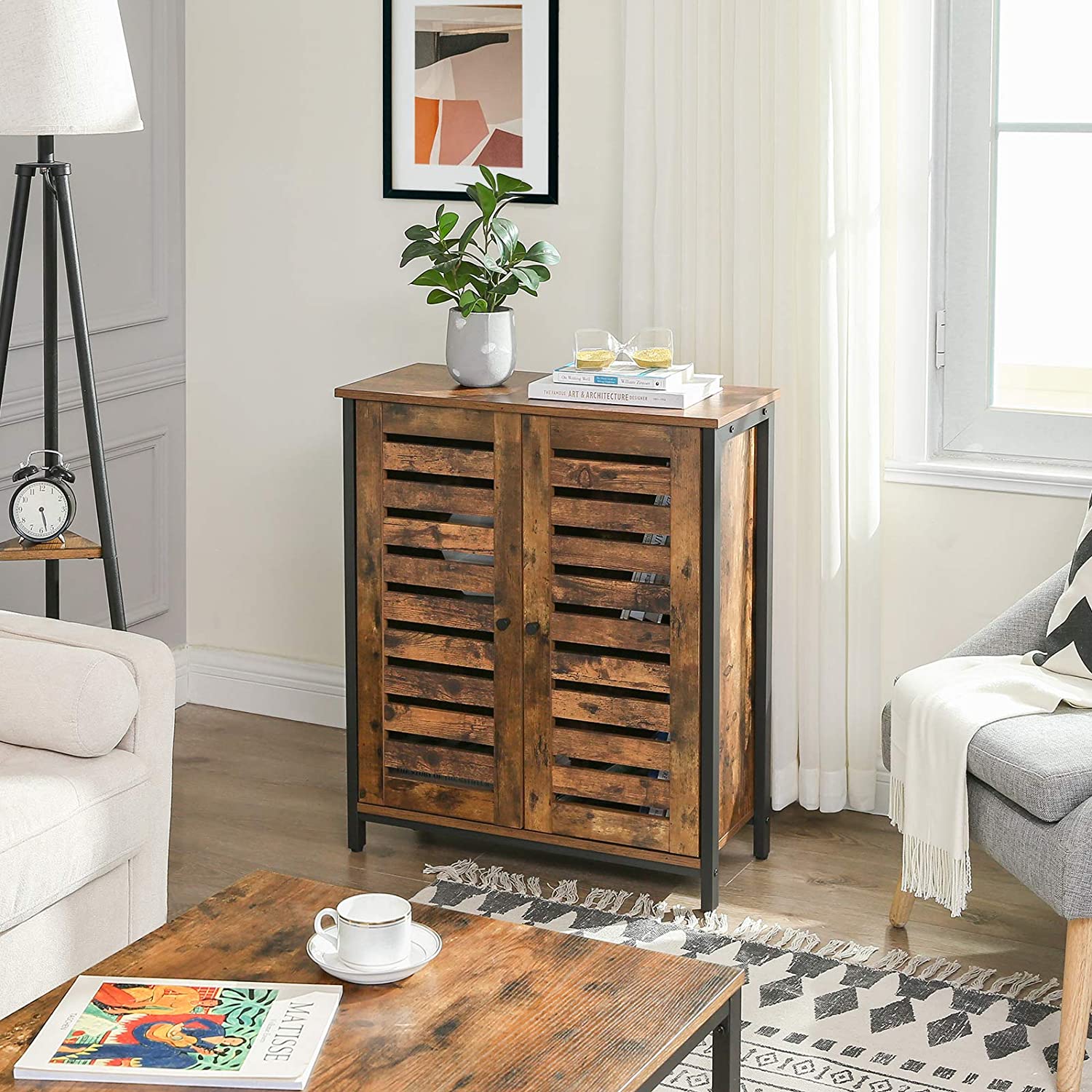 Standing Cabinet Sideboard With Louvred Doors Industrial Design Rustic Brown