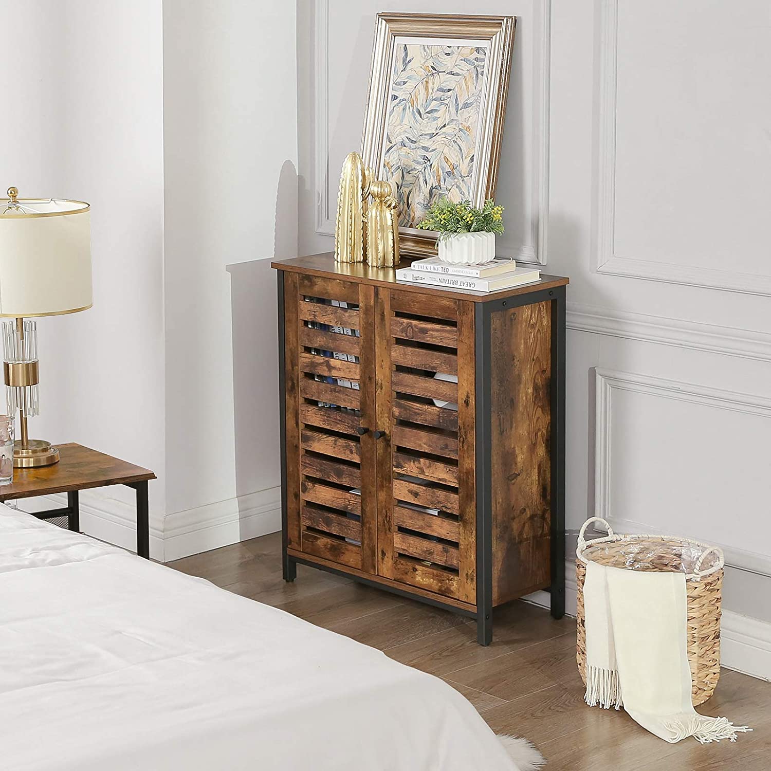 Standing Cabinet Sideboard With Louvred Doors Industrial Design Rustic Brown