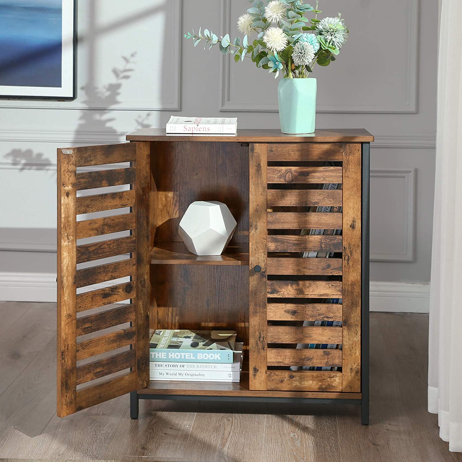 Standing Cabinet Sideboard With Louvred Doors Industrial Design Rustic Brown