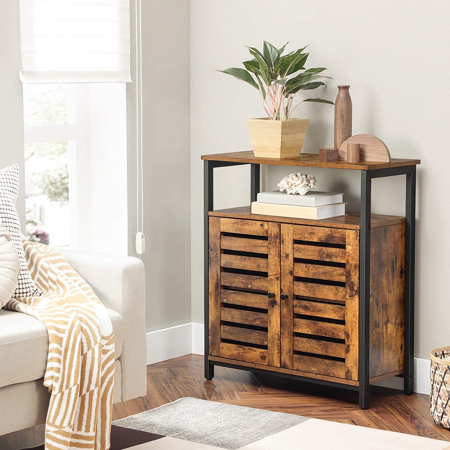 Standing Cabinet With Shelf Cupboard With Louvred Doors Rustic Brown