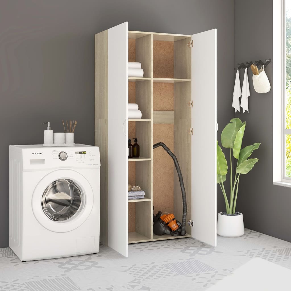 Storage Cabinet White and Sonoma Oak 80x35.5x180 cm Chipboard