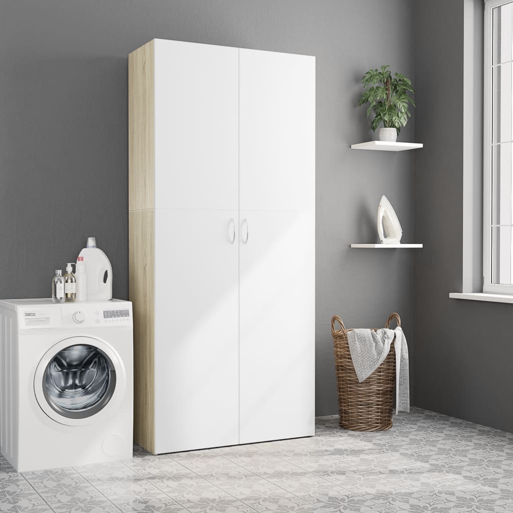 Storage Cabinet White and Sonoma Oak 80x35.5x180 cm Chipboard
