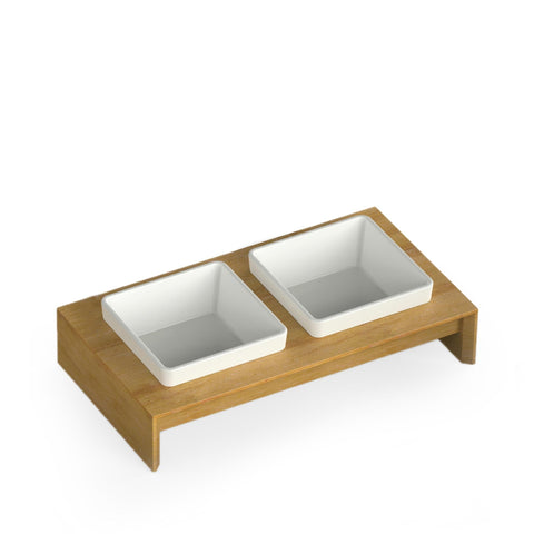 Stylish 2x200ml Pet Double Dinner Ceramic Bowl on Elevated Wood Base Dogs, Cats