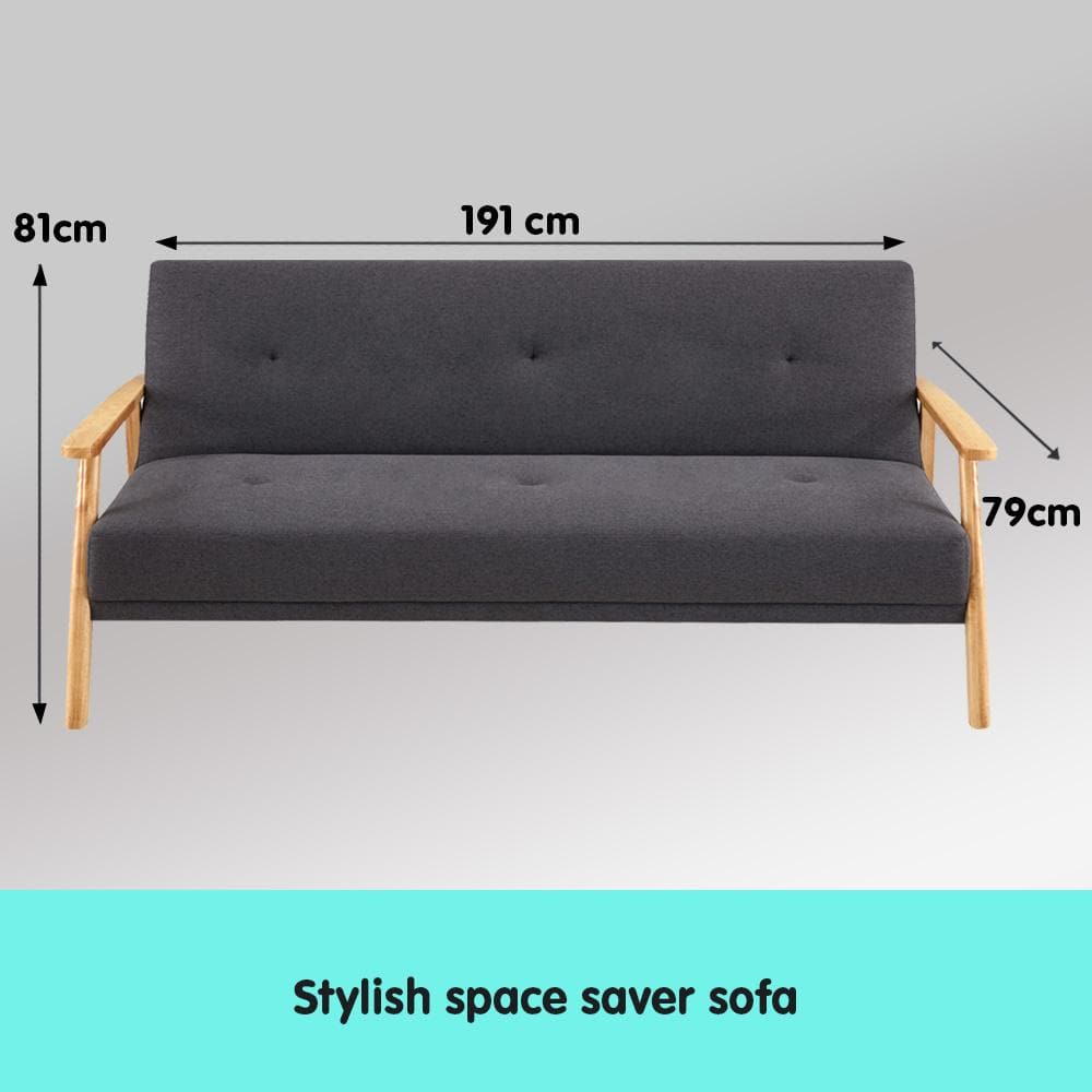 Three Seater Linen Fabric Sofa Bed Lounge Couch Futon - Dark Grey