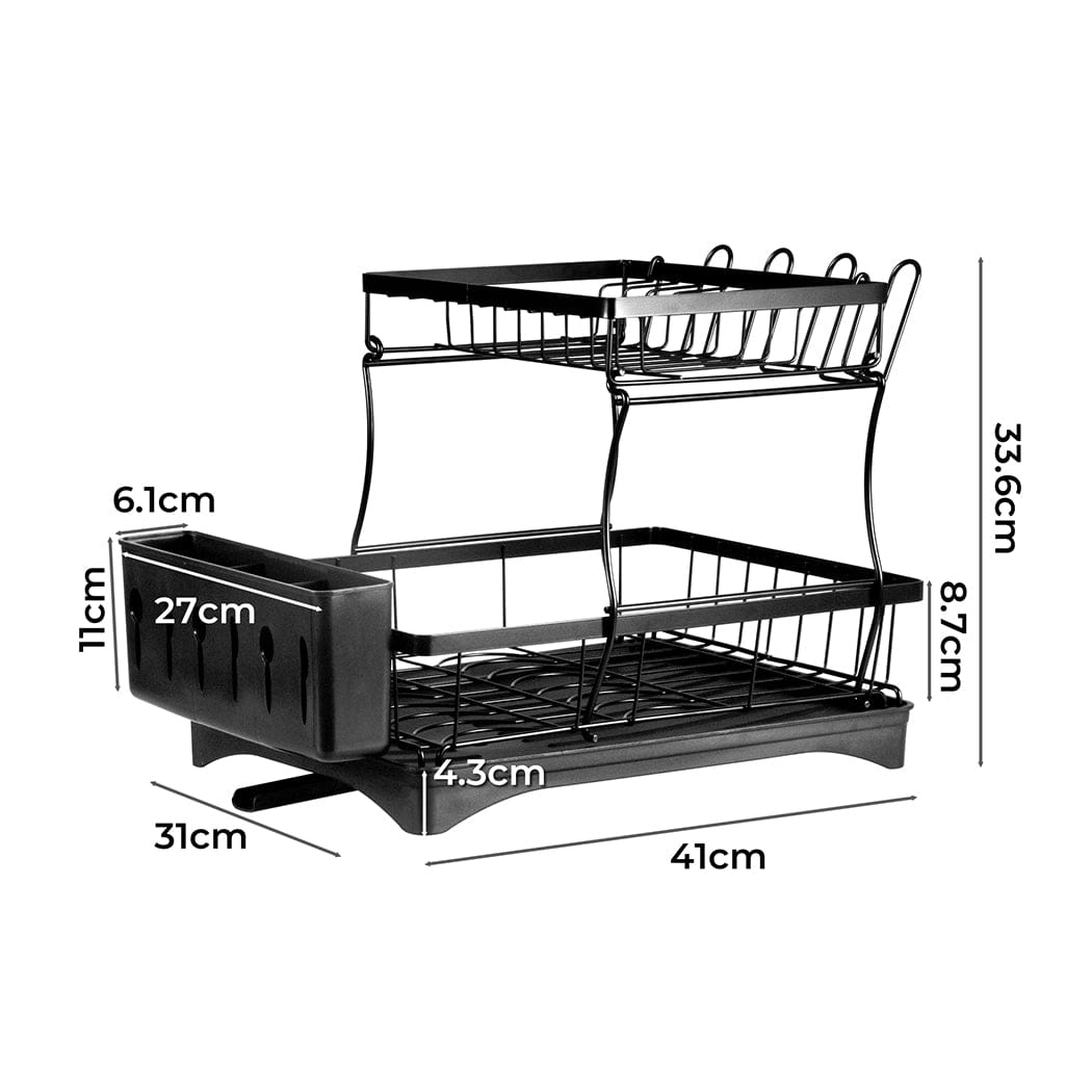 TOQUE Detachable Dish Drying Rack Cutlery Organizer Drainer Board 2 Tier Black