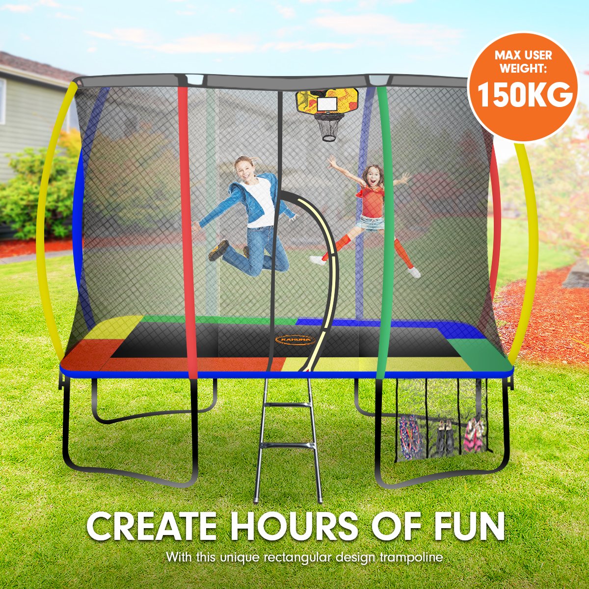 trampolines Trampoline 6ft x 9ft Rectangular Outdoor Rainbow Basketball Set