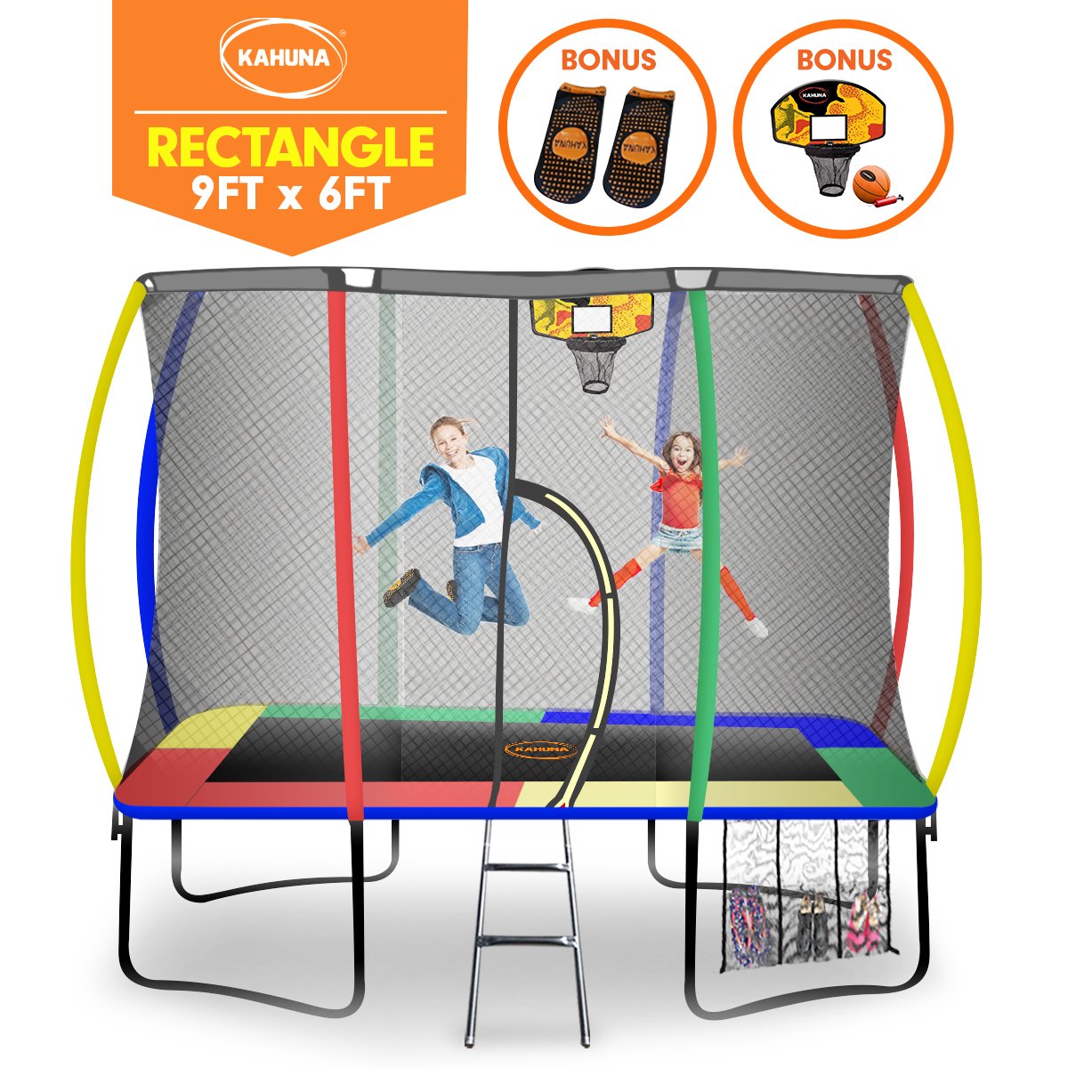 trampolines Trampoline 6ft x 9ft Rectangular Outdoor Rainbow Basketball Set