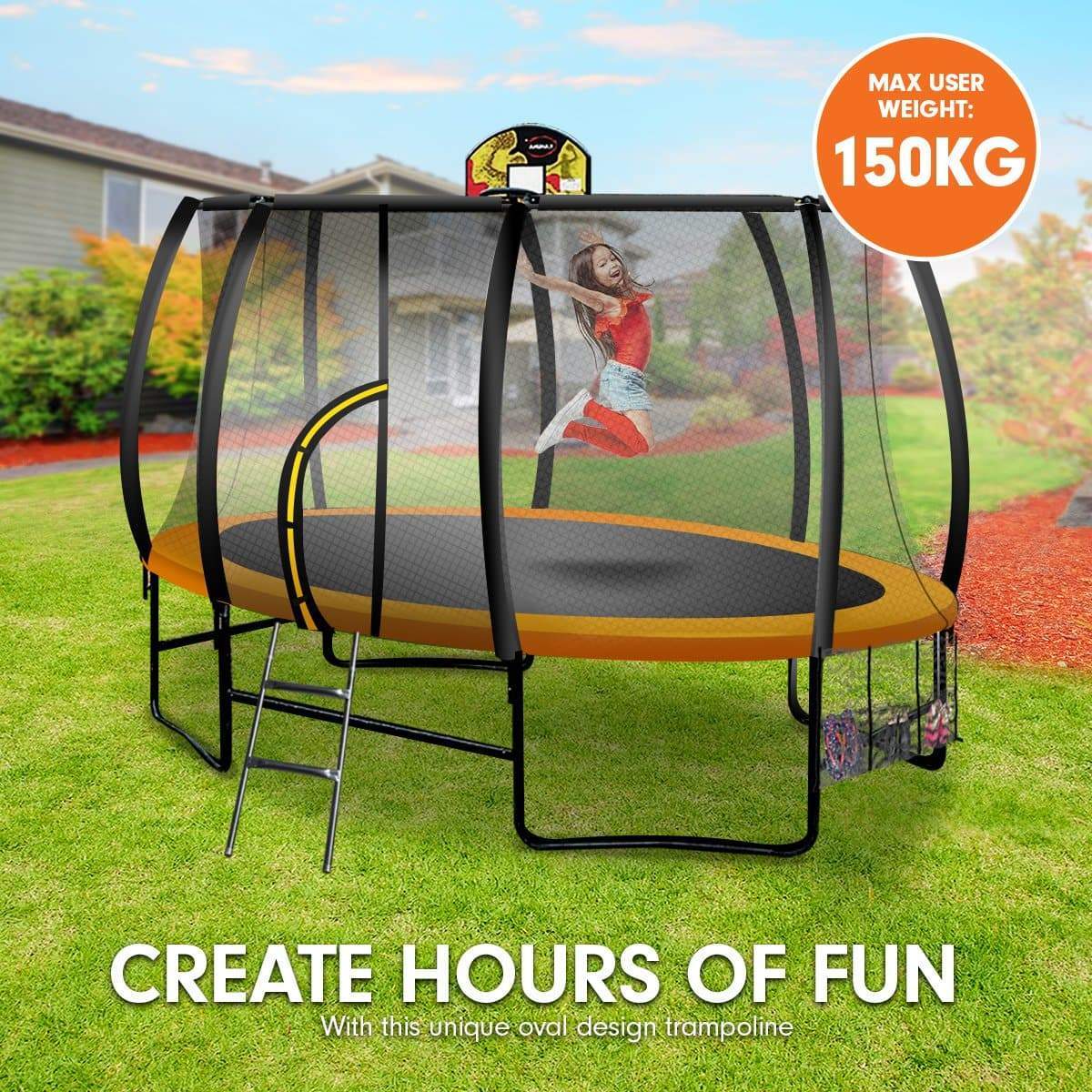 Kahuna Trampoline 8 ft x 14ft Oval with Basketball Set - Orange