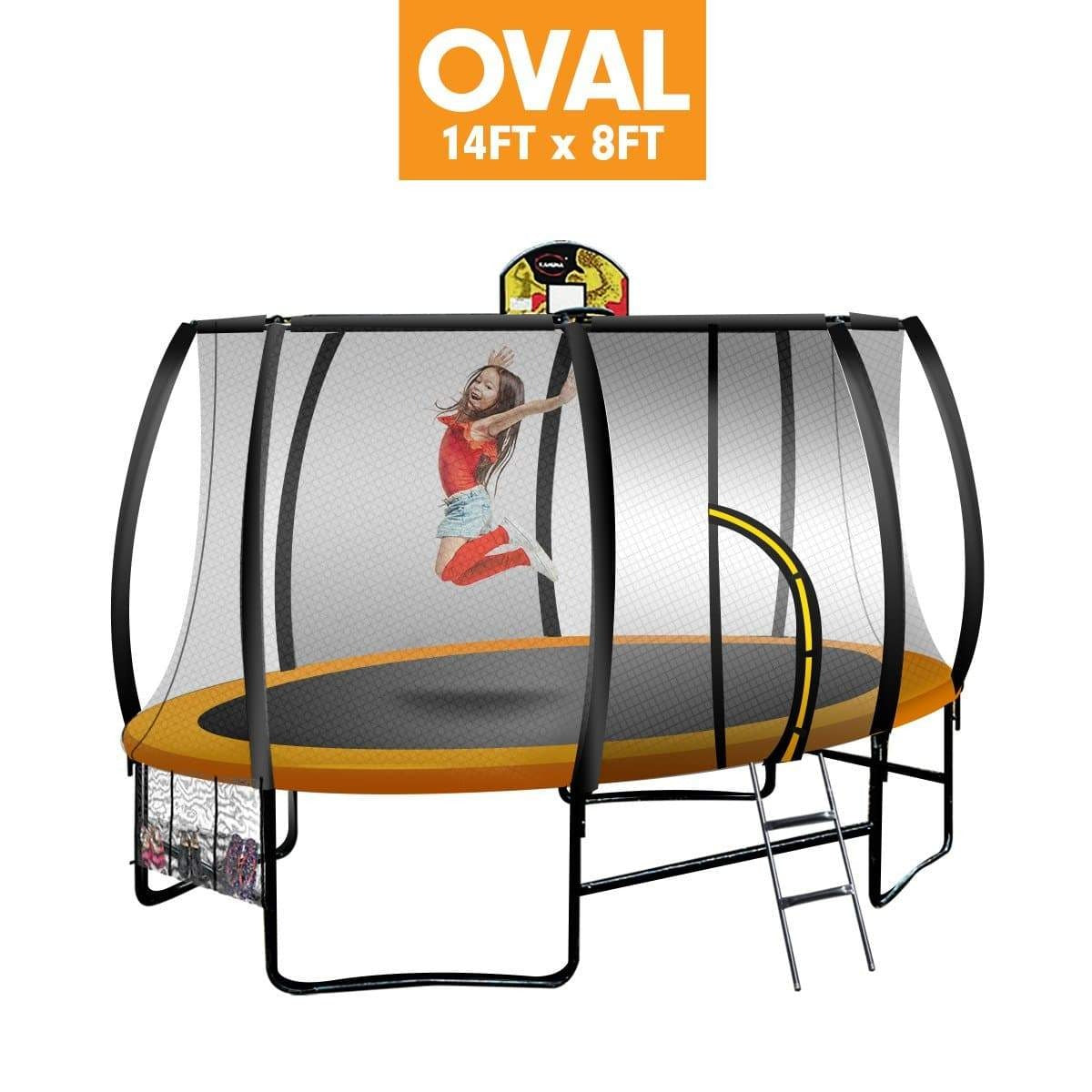 Trampoline 8 ft x 14ft Oval with Basketball Set - Orange