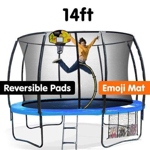 Kahuna Trampoline Pro 14ft - Reversible pad, Emoji Mat, Basketball Set