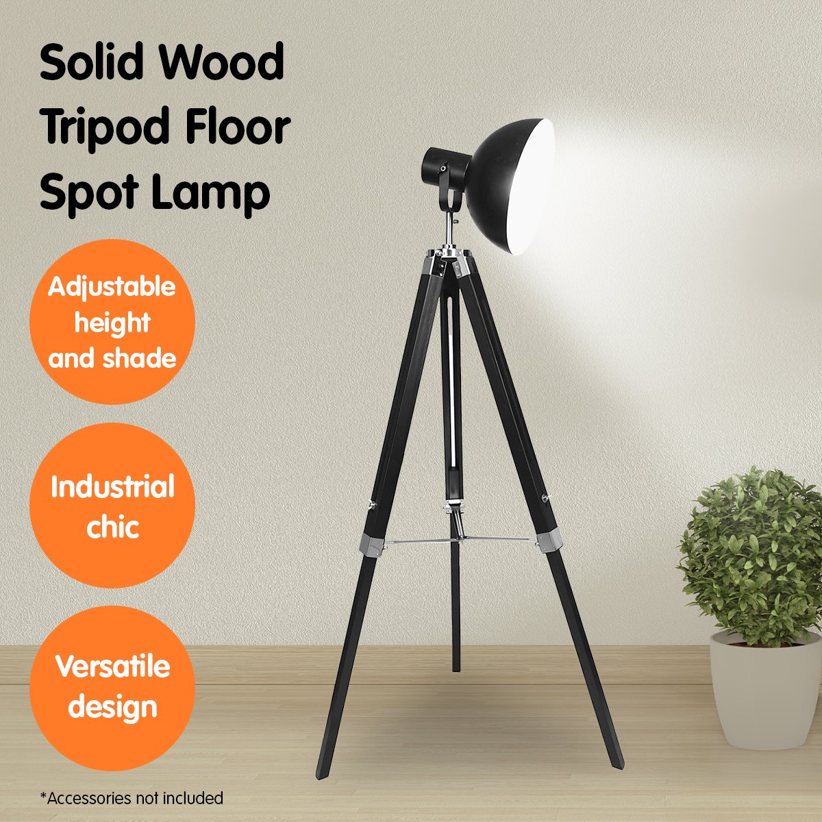 Tripod Adjustable Metal Floor Spot Lamp  Black