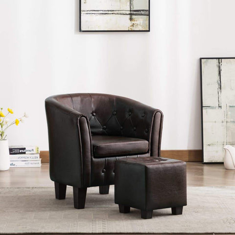 Tub Chair with Footstool Brown Faux Leather