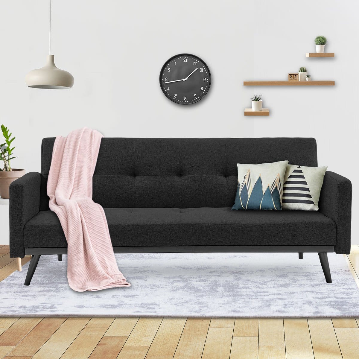 Tufted Faux Linen 3-Seater Sofa Bed With Armrests - Black