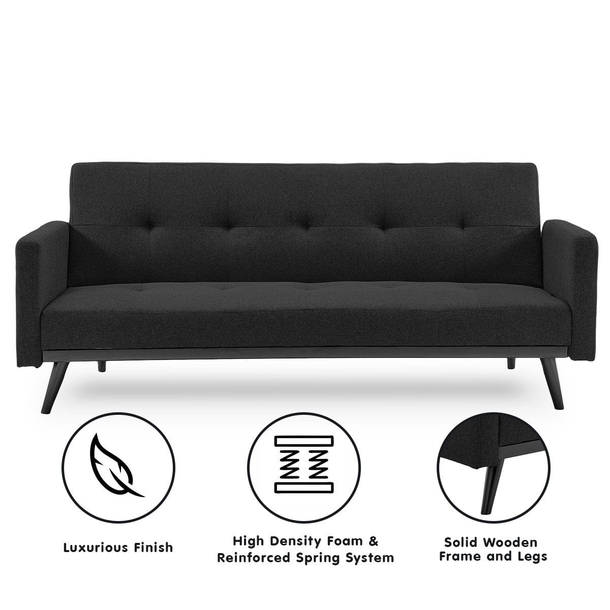 Tufted Faux Linen 3-Seater Sofa Bed With Armrests - Black