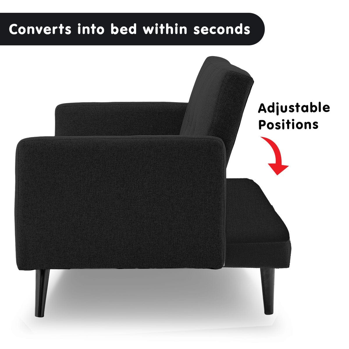 Tufted Faux Linen 3-Seater Sofa Bed With Armrests - Black