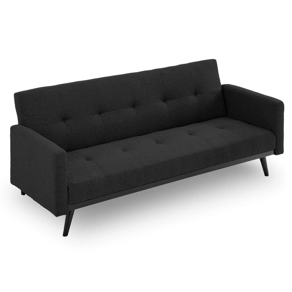 Tufted Faux Linen 3-Seater Sofa Bed With Armrests - Black