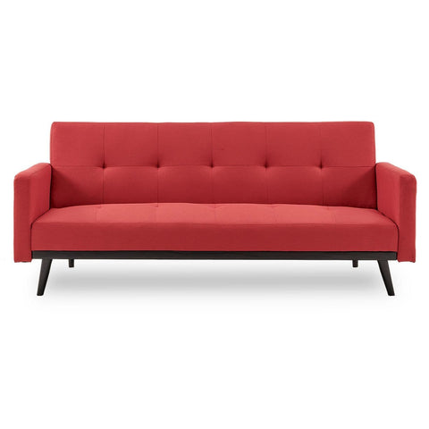 Tufted Faux Linen 3-Seater Sofa Bed With Armrests - Red