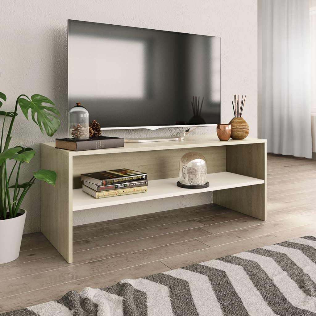 TV Cabinet White and Sonoma Oak 100x40x40 cm Chipboard