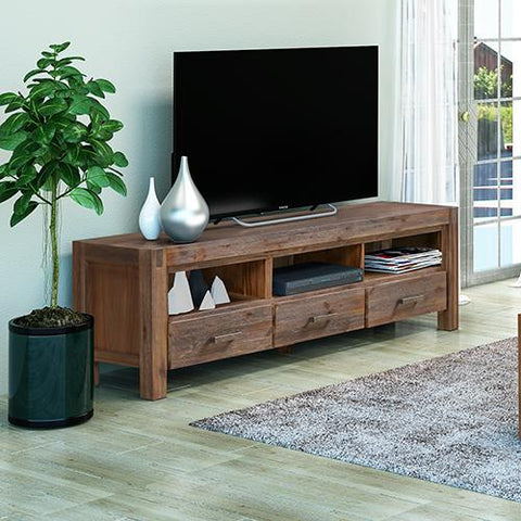 Furniture > Living Room TV Cabinet with 3 Storage Drawers Solid Acacia Entertainment Unit - Chocolate