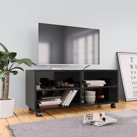 TV Cabinet with Castors High Gloss Black 90x35x35 cm Chipboard
