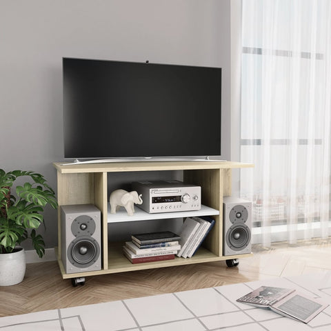 TV Cabinet with Castors White and Sonoma Oak 80x40x40 cm Chipboard