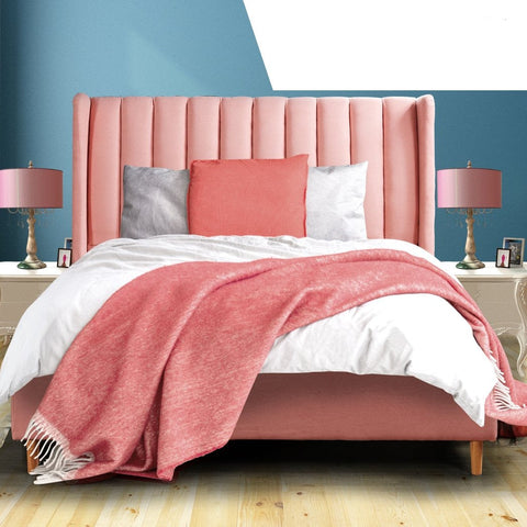 bedroom Velvet Base Bed Frame Queen Size - Pink