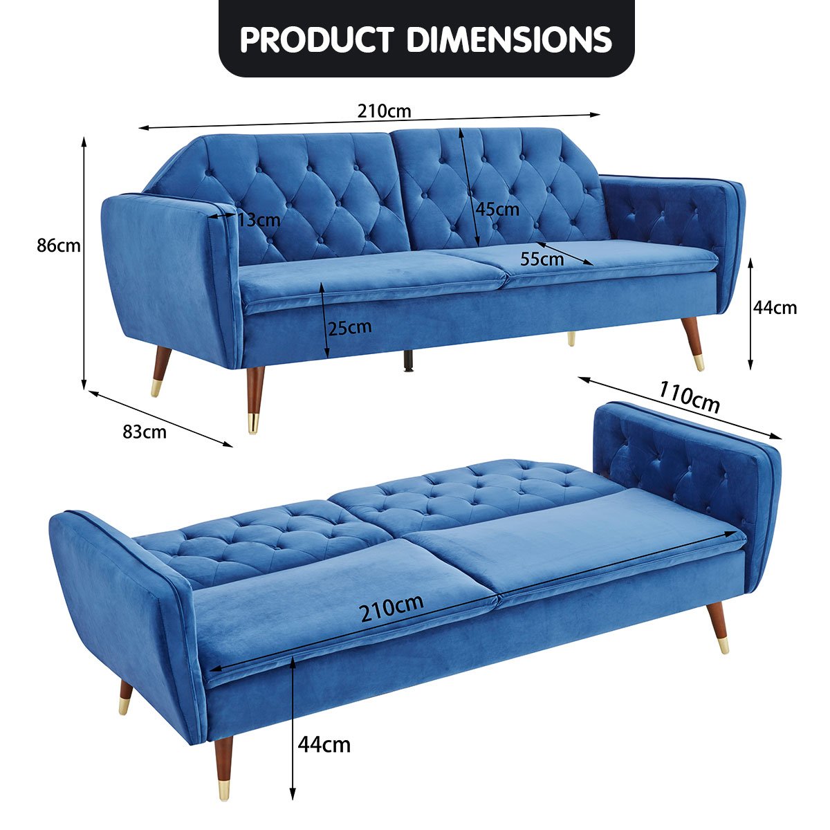 indoor furniture Velvet Sofa Bed Couch Furniture Lounge Suite Futon Blue