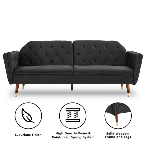 Velvet Tufted Sofa Bed Couch Futon - Black