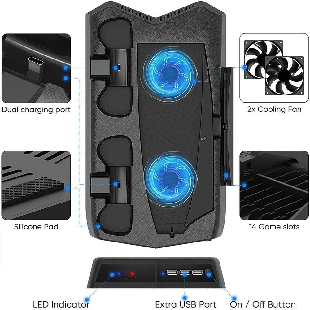 Vertical Stand Cooling/Charging Station For Ps5 With Dual Controller Charger And Bonus Game Rack Storage 3 Usb Ports