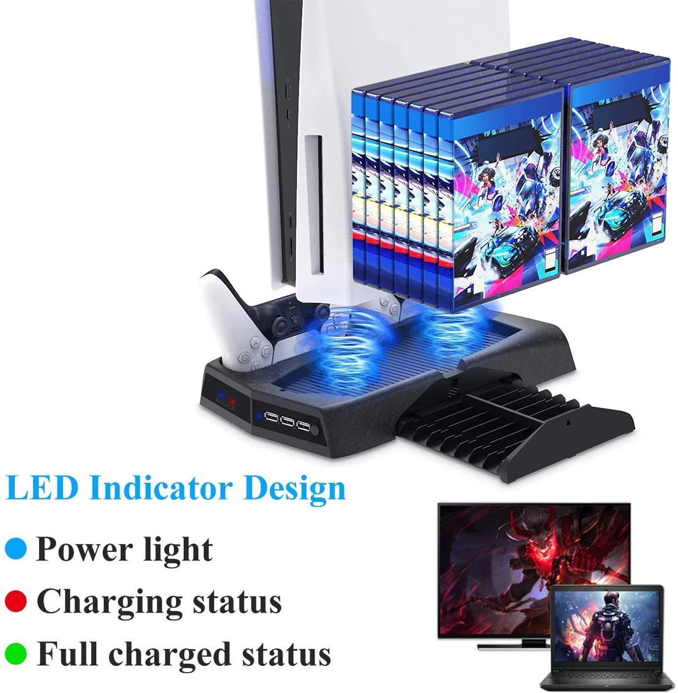 Vertical Stand Cooling/Charging Station For Ps5 With Dual Controller Charger And Bonus Game Rack Storage 3 Usb Ports