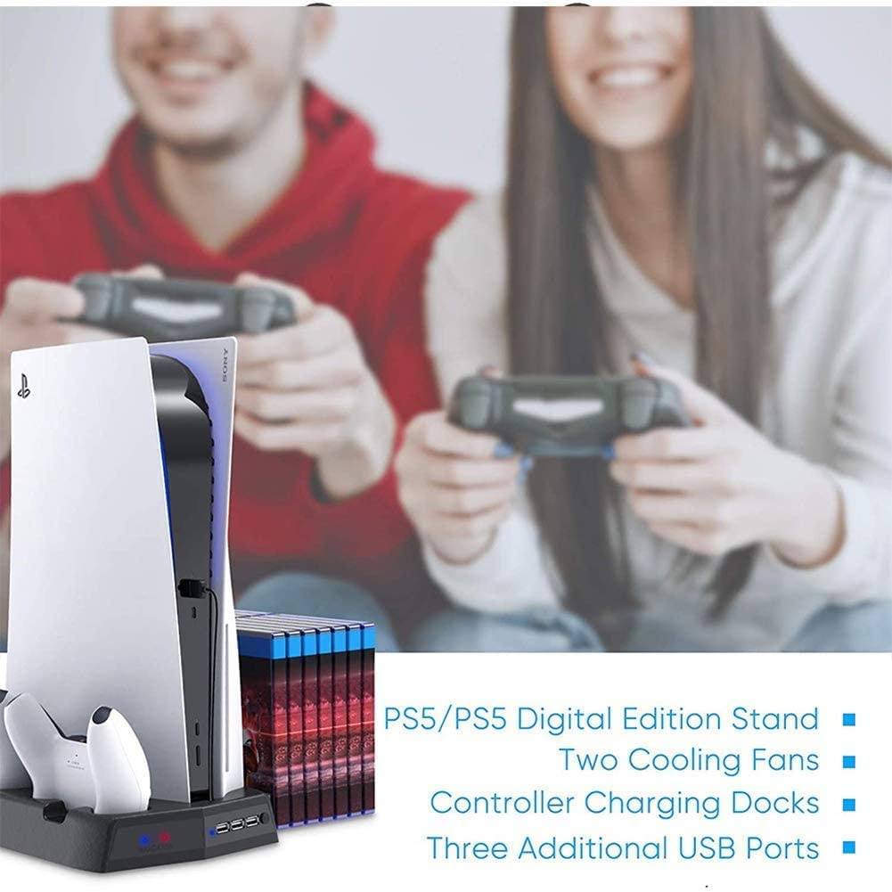 Vertical Stand Cooling/Charging Station For Ps5 With Dual Controller Charger And Bonus Game Rack Storage 3 Usb Ports