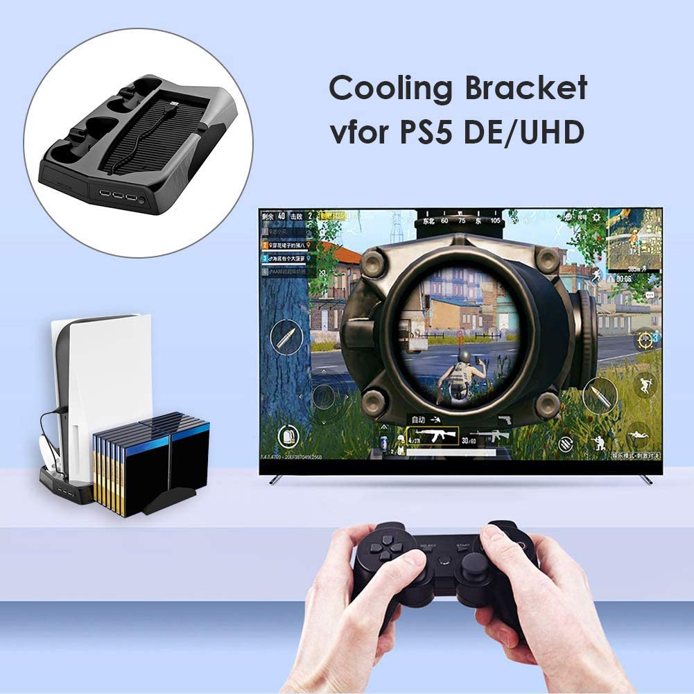 Vertical Stand Cooling/Charging Station For Ps5 With Dual Controller Charger And Bonus Game Rack Storage 3 Usb Ports