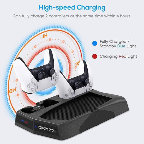 Vertical Stand Cooling/Charging Station For Ps5 With Dual Controller Charger And Bonus Game Rack Storage 3 Usb Ports