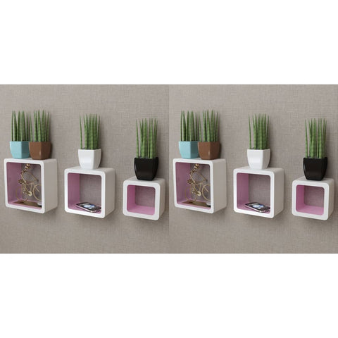 Wall Cube Shelves 6 pcs White and Pink