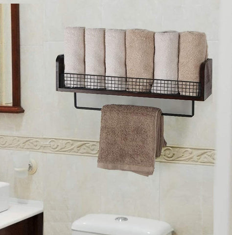 Wall Mount Rustic Wood & Black Metal Bathroom Shelf with Towel Bar