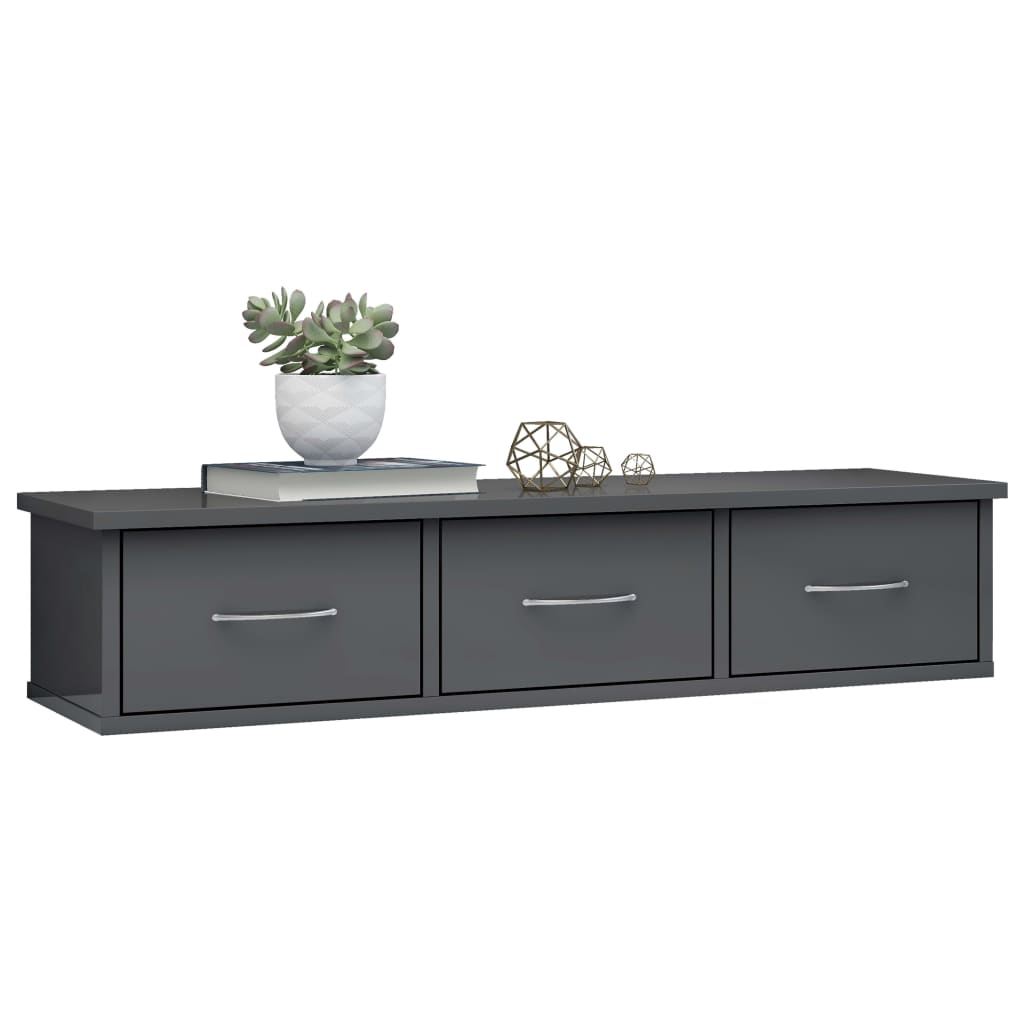Wall-mounted Drawer Shelf High Gloss Grey 90x26x18.5 cm Chipboard