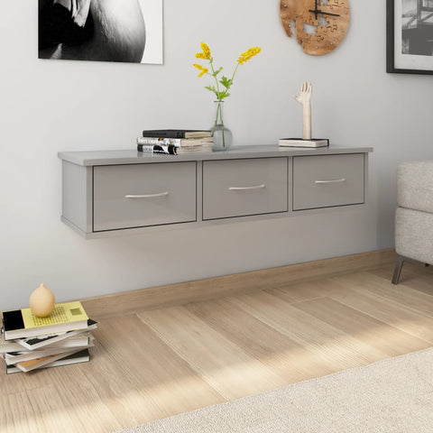 Wall-mounted Drawer Shelf High Gloss Grey 90x26x18.5 cm Chipboard