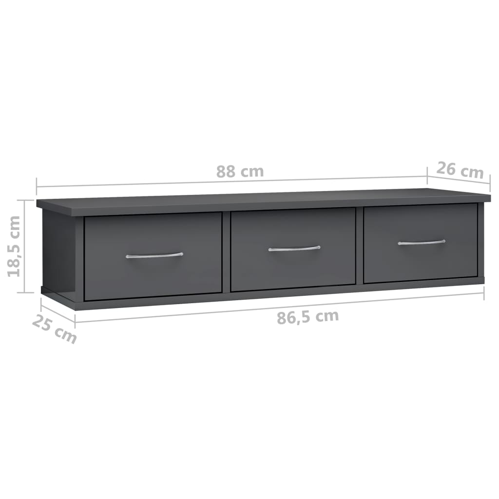 Wall-mounted Drawer Shelf High Gloss Grey 90x26x18.5 cm Chipboard
