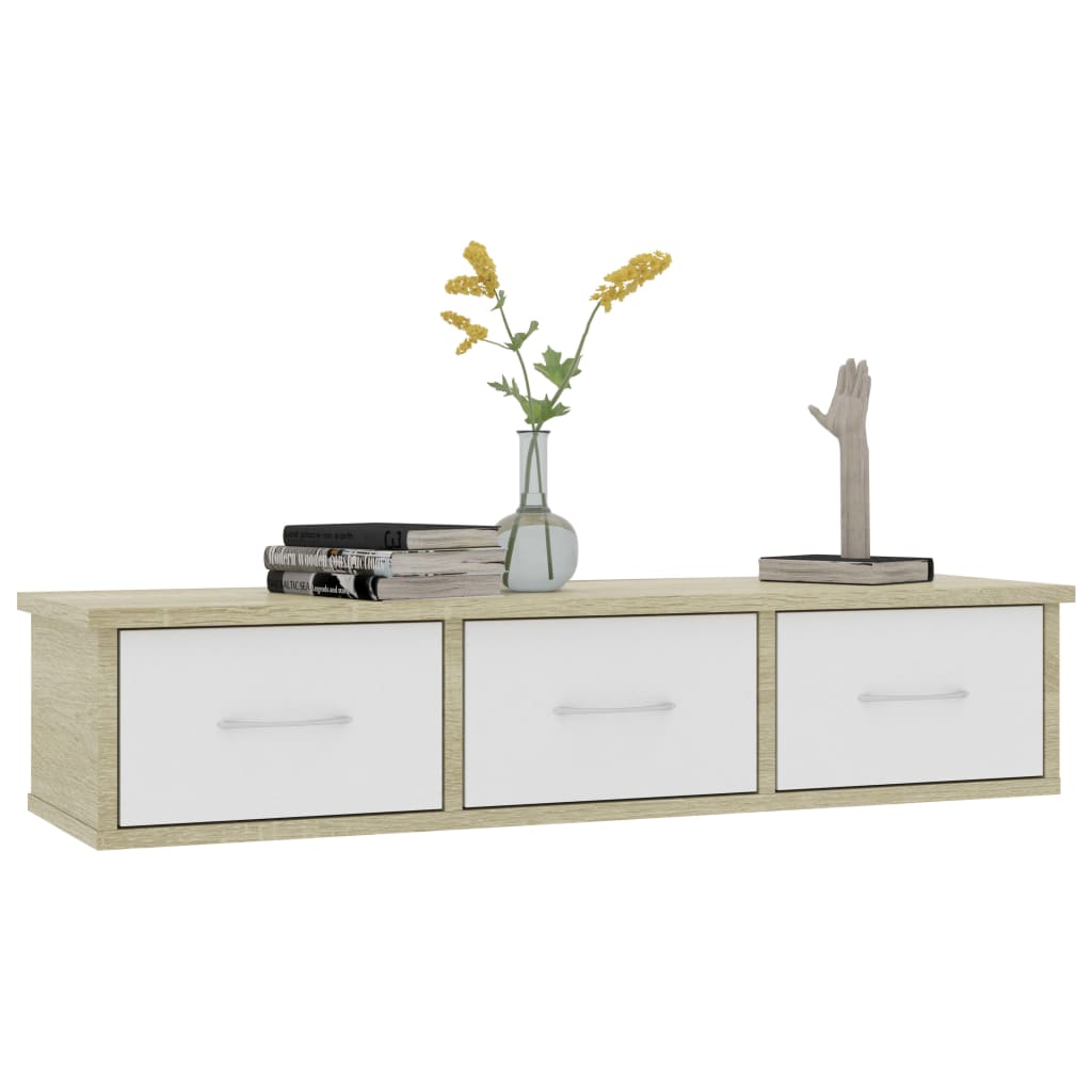 Wall-mounted Drawer Shelf White and Sonoma Oak 90x26x18.5 cm Chipboard