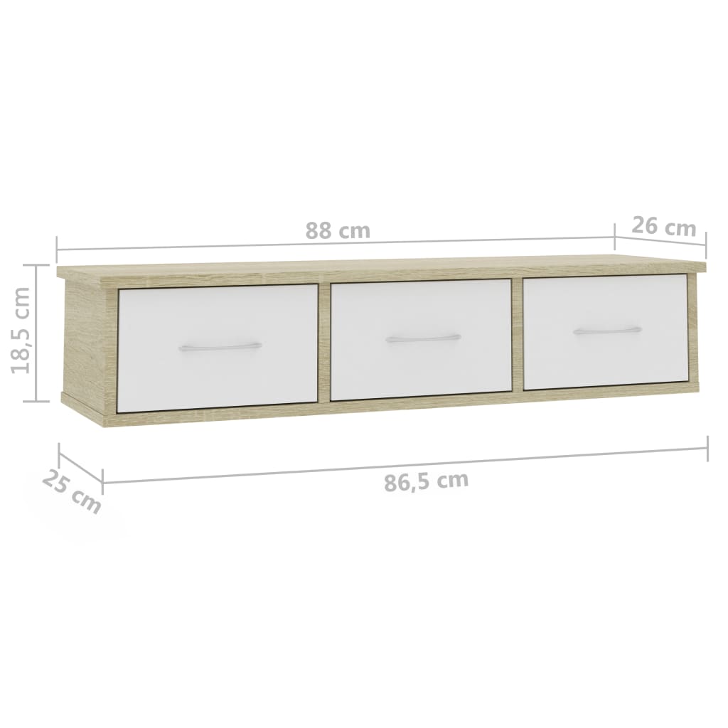 Wall-mounted Drawer Shelf White and Sonoma Oak 90x26x18.5 cm Chipboard