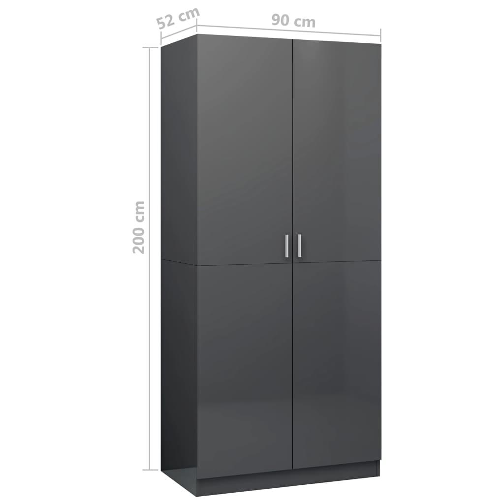 Wardrobe High Gloss Grey 90x52x200 cm Chipboard