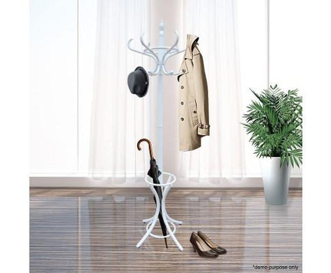 CARLA HOME White Coat Rack with Stand Wooden Hat and 12 Hooks Hanger