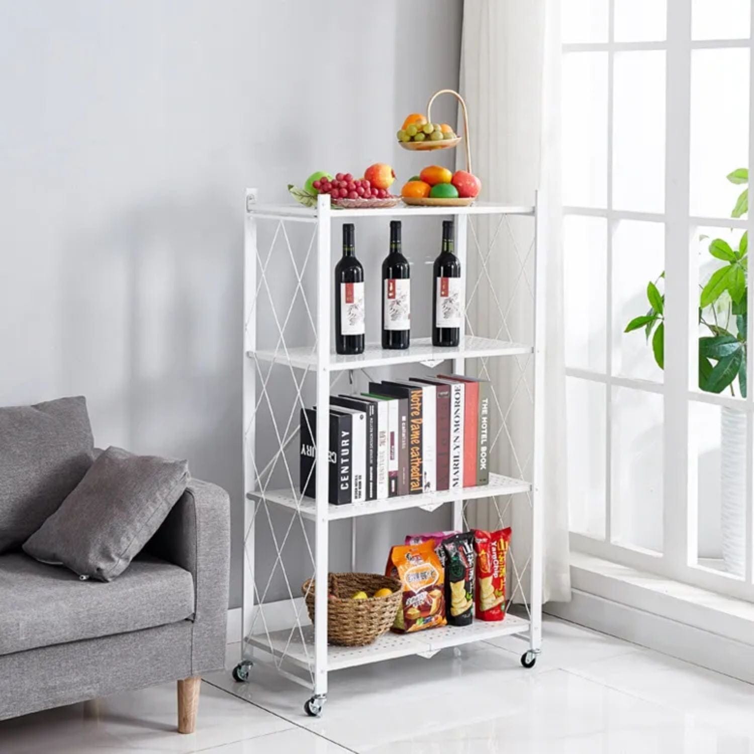 White Foldable 4-Tier Storage Shelf - Compact Space-Saving Solution
