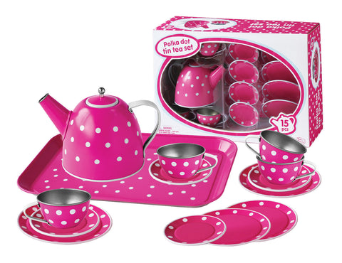 White Polka Dot On Pink Tin Tea Set 15Pcs