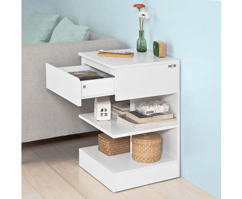 White Side Table Bedside Table with 1 Drawer and 3 Shelves