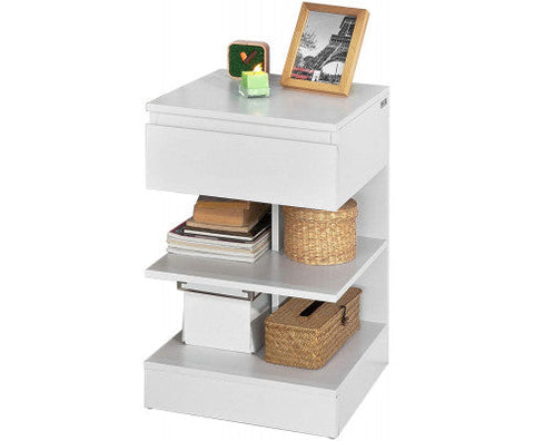 White Side Table Bedside Table with 1 Drawer and 3 Shelves
