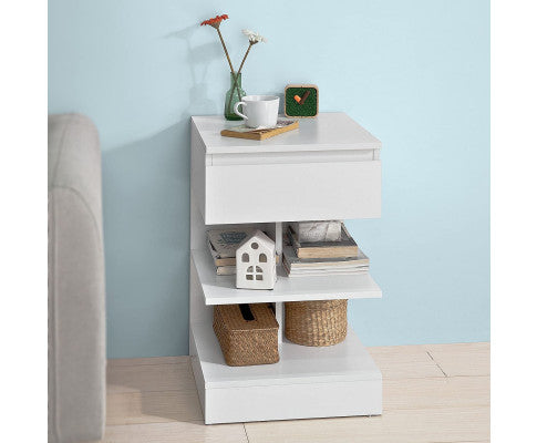 White Side Table Bedside Table with 1 Drawer and 3 Shelves